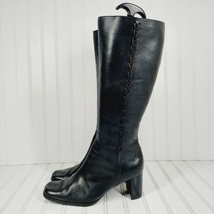 90s Vintage Leather Square Toe Block Heel Knee High Boots